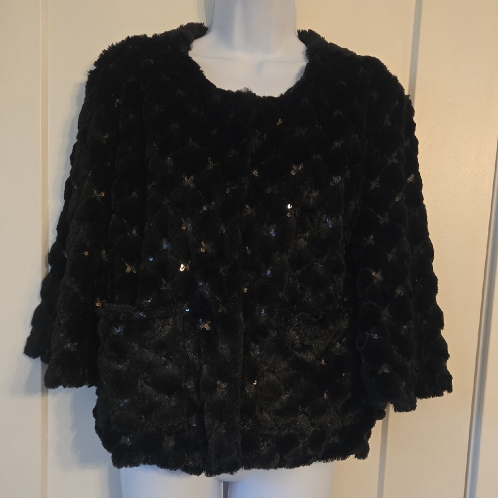 Elegant Black Faux Fur Jacket With Sequin Accents